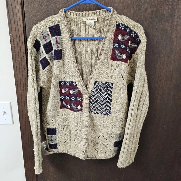 Vintage Talbots Patchwork Floral Knit Wool Blend Cardigan Sweater Size Small - Picture 2 of 6